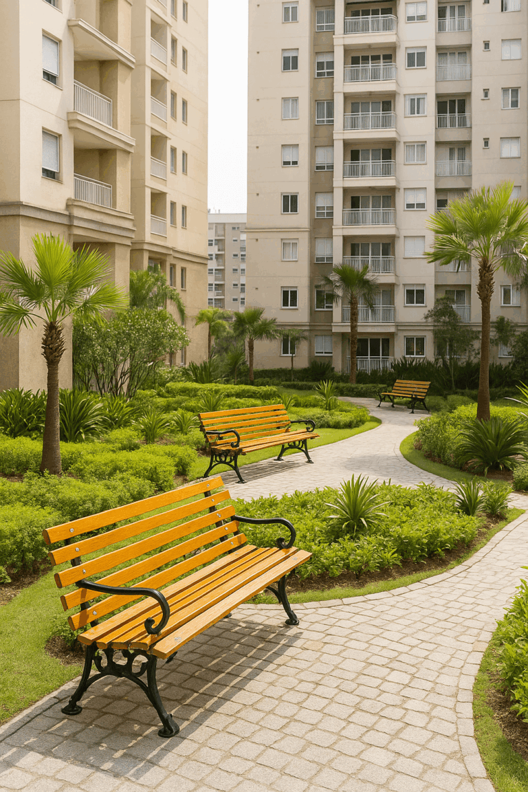 Bancos de jardim em madeira instalados em área comum de condomínio moderno com paisagismo