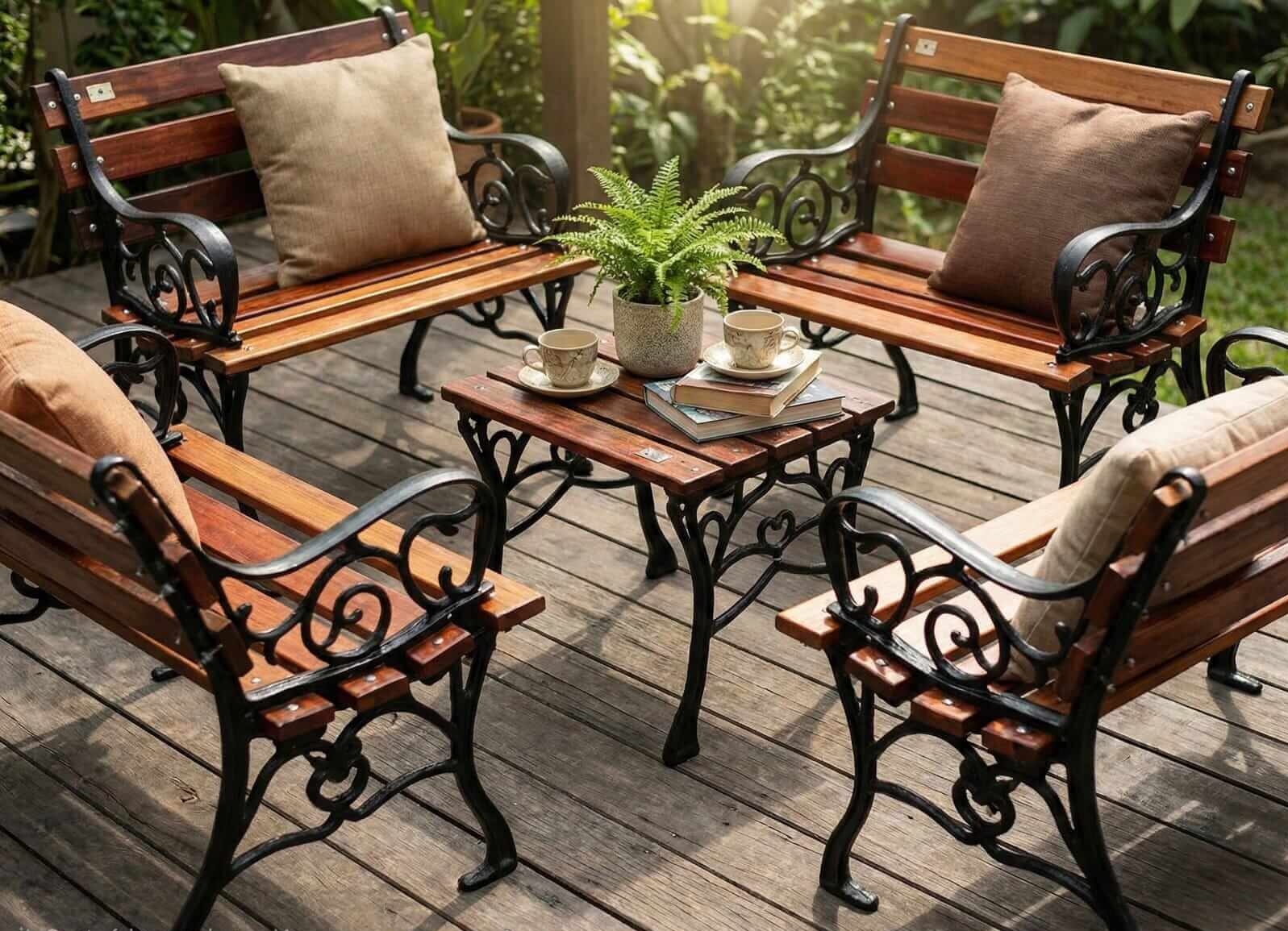 conjunto para jardim de madeira e ferro fundido móveis imperador